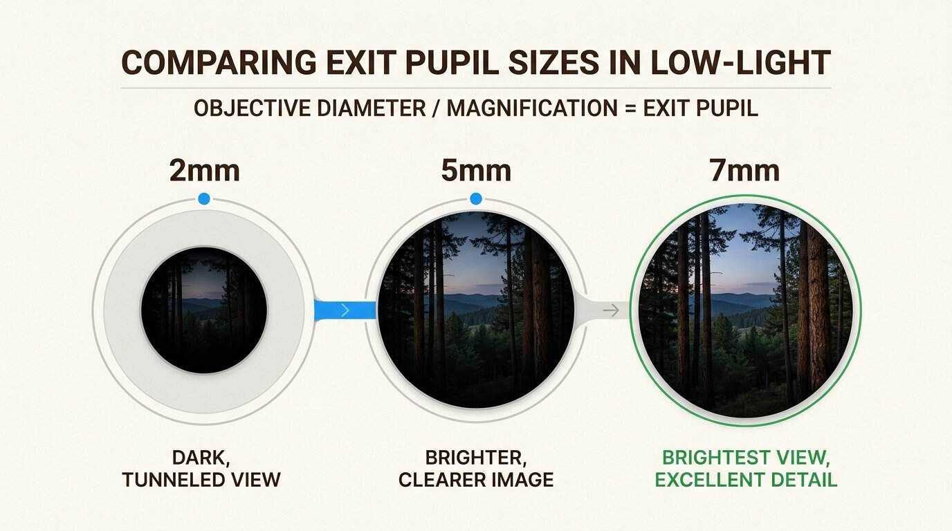 A larger exit pupil (5mm+) is crucial for preppers, ensuring clear vision and detail identification in critical low-light conditions.