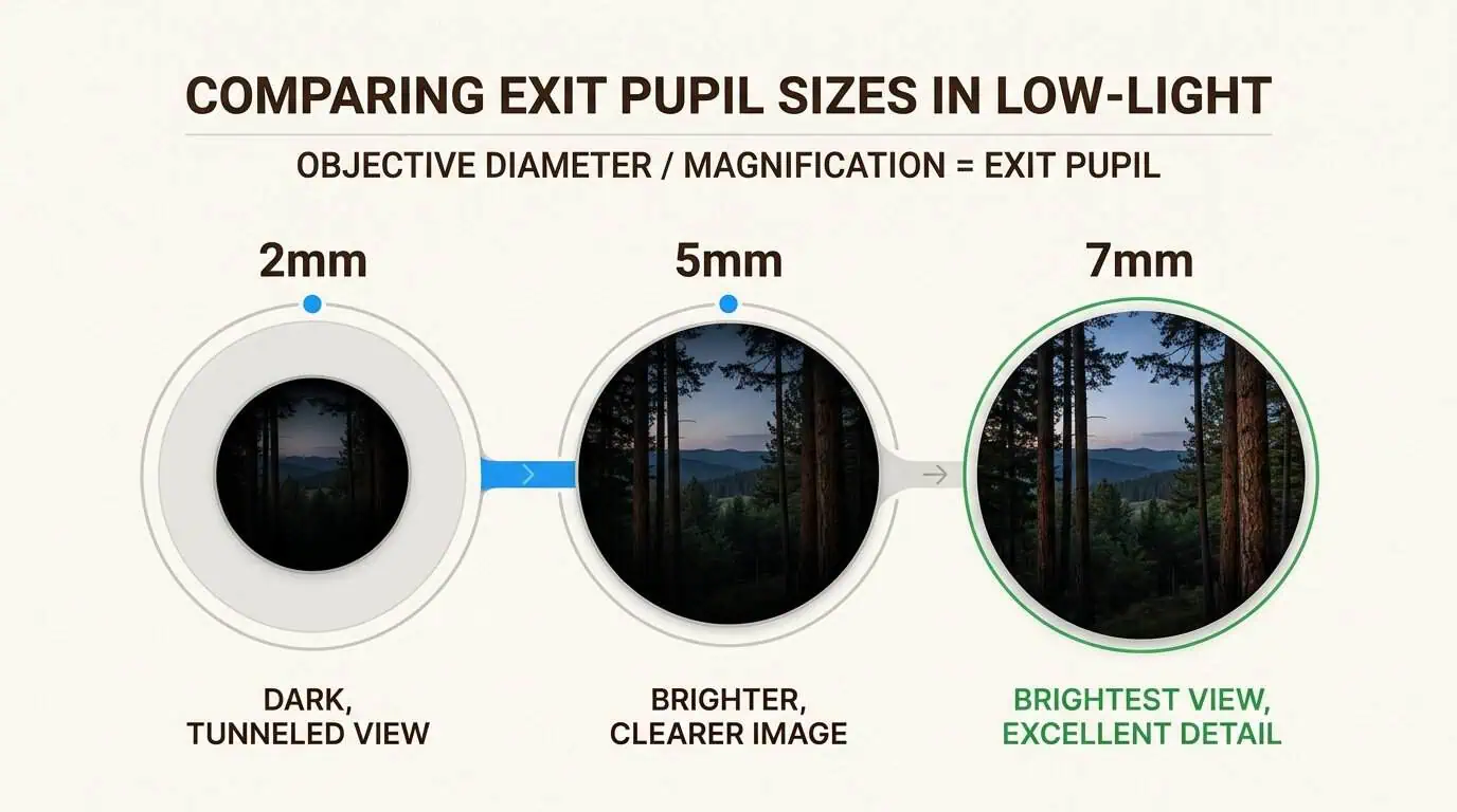 A larger exit pupil (5mm+) is crucial for preppers, ensuring clear vision and detail identification in critical low-light conditions.