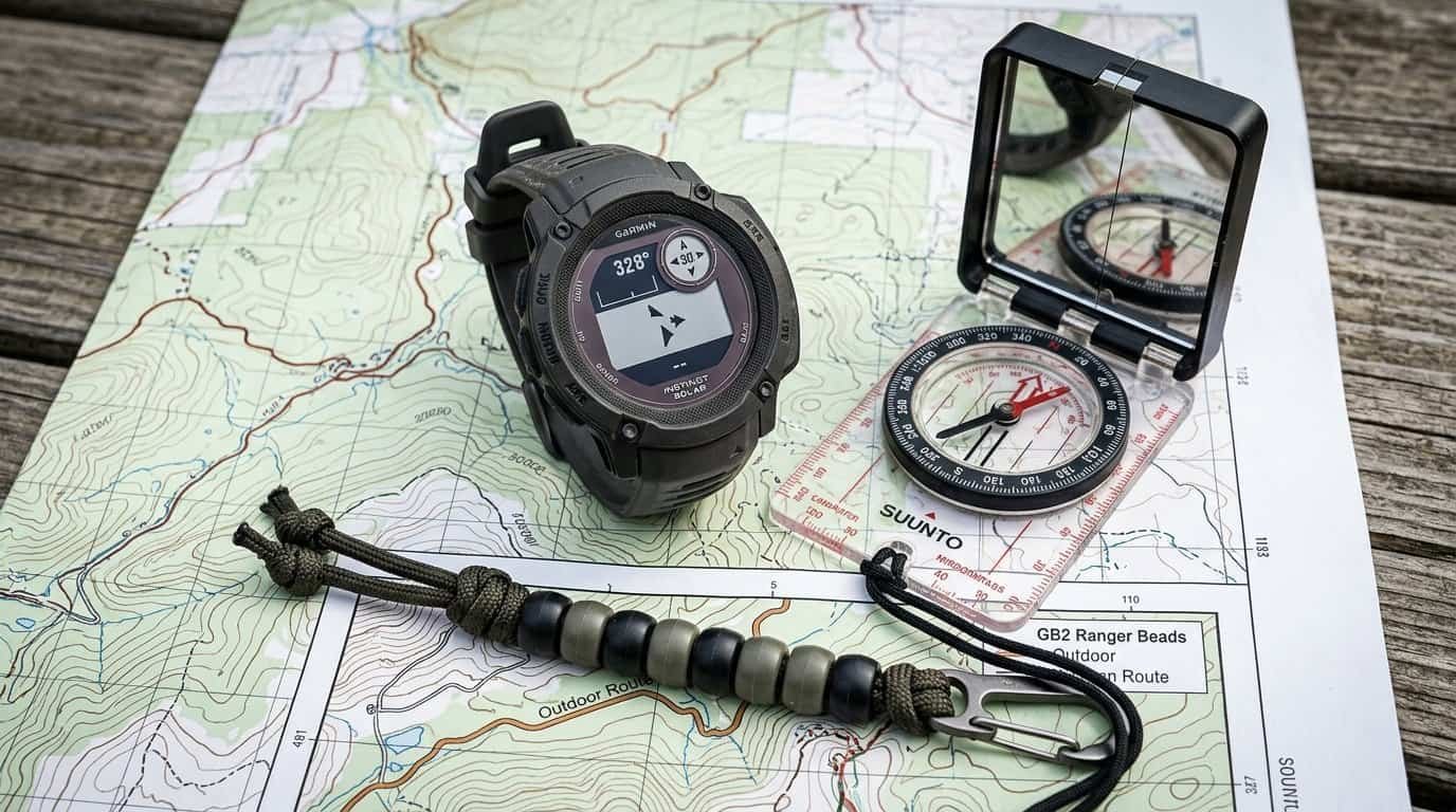 Achieve true precision land navigation by integrating your survival watch with essential tools like a mirror compass and ranger beads.