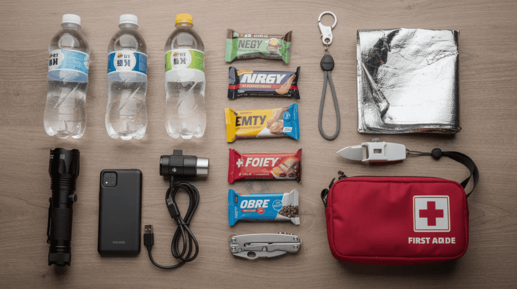 The image shows a variety of emergency supplies laid out on a table, including water bottles, energy bars, a flashlight, and a power bank, all essential components of an urban survival kit. This collection of reliable gear is designed for urban preparedness, helping individuals navigate unexpected situations in urban environments.