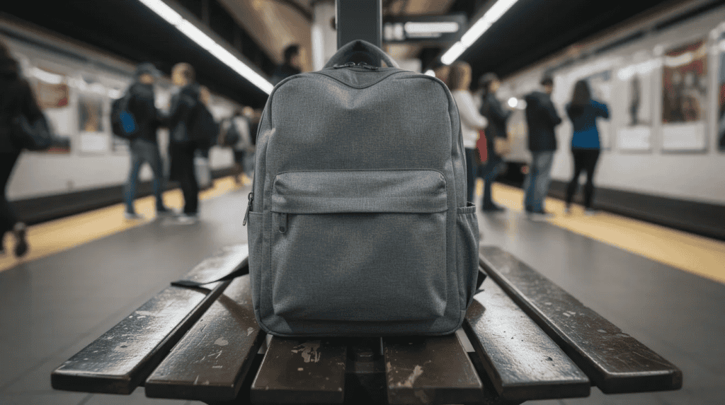 A compact gray backpack is resting on a subway platform bench, surrounded by city commuters in an urban environment. This backpack could serve as an urban survival kit, containing essential gear like a first aid kit, small tools, and other supplies for daily life in the city.