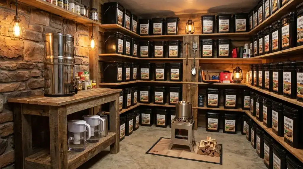 Completed prepper pantry setup featuring Ready Hour buckets, water filtration, and an off-grid stove