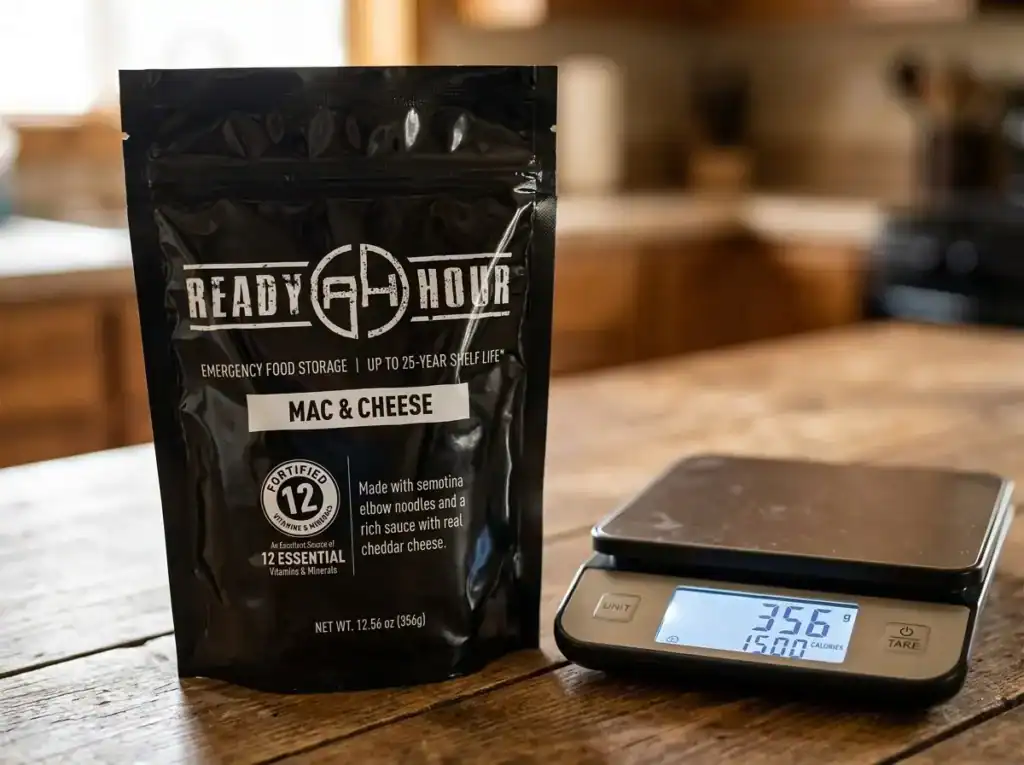 lose-up of a Ready Hour entree pouch next to a measuring scale showing calorie weight