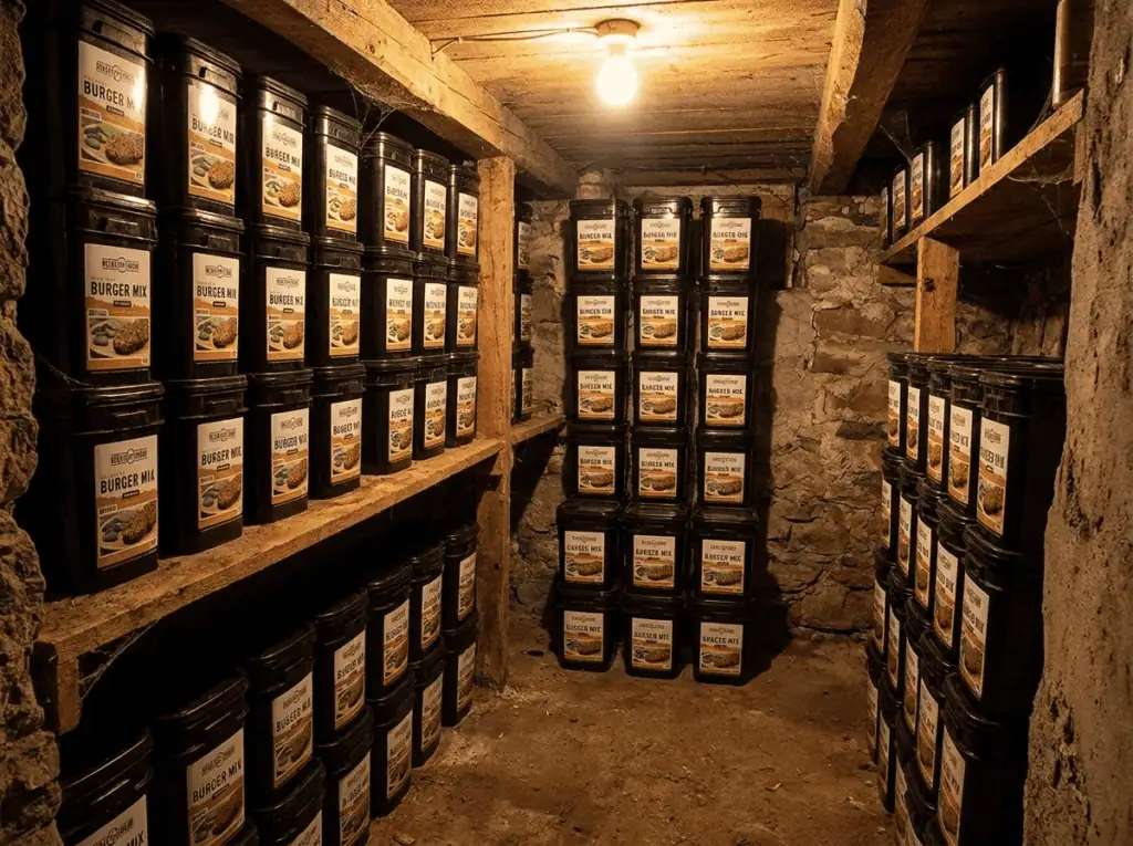 Stacked Ready Hour buckets in a root cellar storage setup