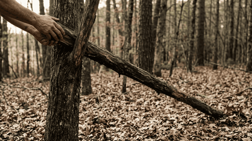 Hand placing wood against tree