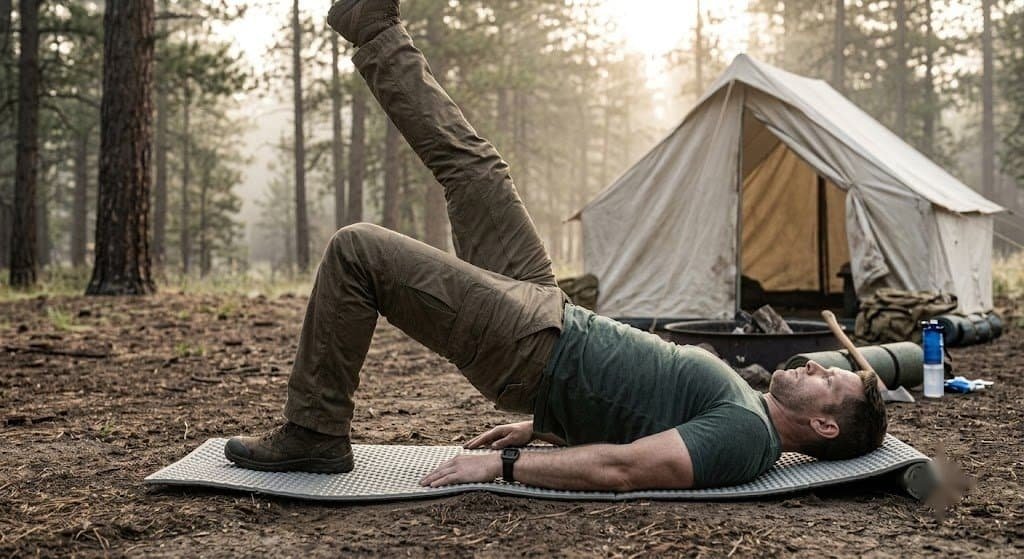 Man exercising outdoors near tent