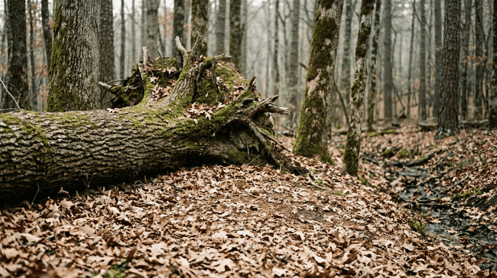 Fallen tree surrounded by autumn leaves