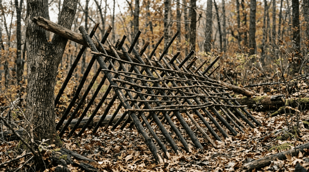 Wooden structure in forest setting