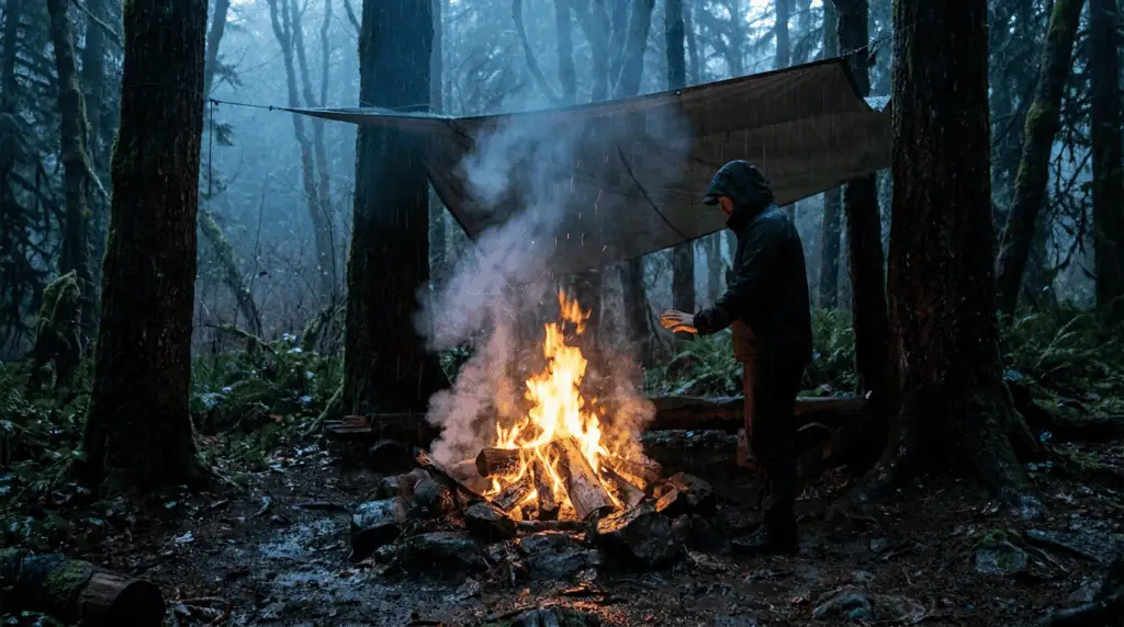 Person by campfire in forest