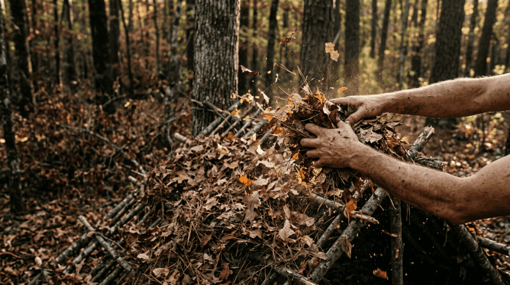 Hands gathering leaves in forest