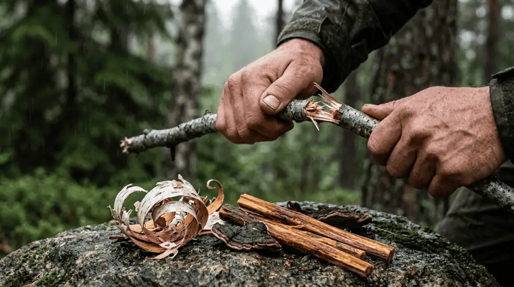 Hands preparing kindling in forest