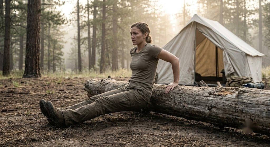 Woman exercising near camping tent.