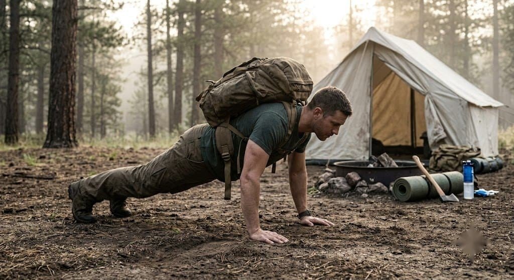 Man doing push-ups outdoors with backpack