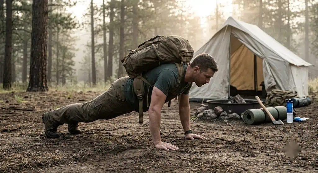 Man doing push-ups outdoors with backpack