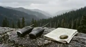 Two handheld radios and a folded map on a granite outcrop above forested ridgelines