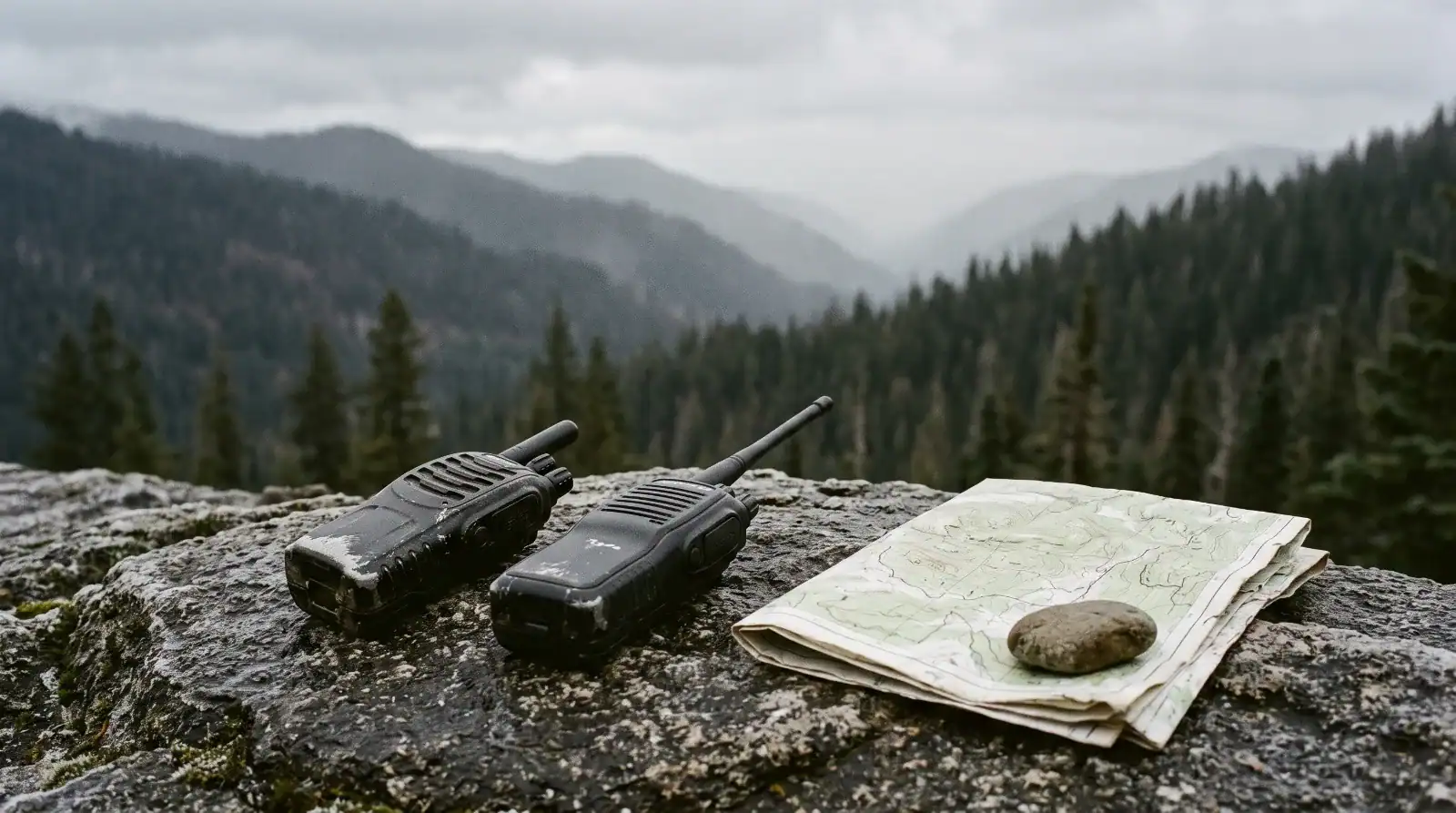 Two handheld radios and a folded map on a granite outcrop above forested ridgelines