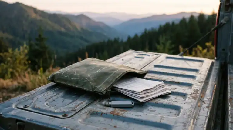 Digital go bag contents laid out on a truck tailgate at golden hour with a forested ridgeline behind