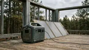Portable power station and folding solar panel set up on a porch under overcast sky