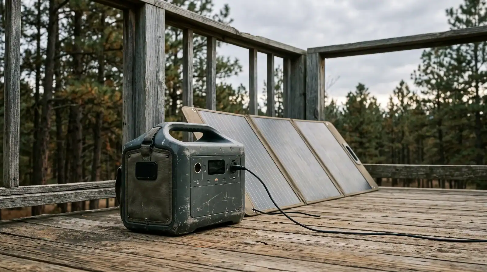 Portable power station and folding solar panel set up on a porch under overcast sky