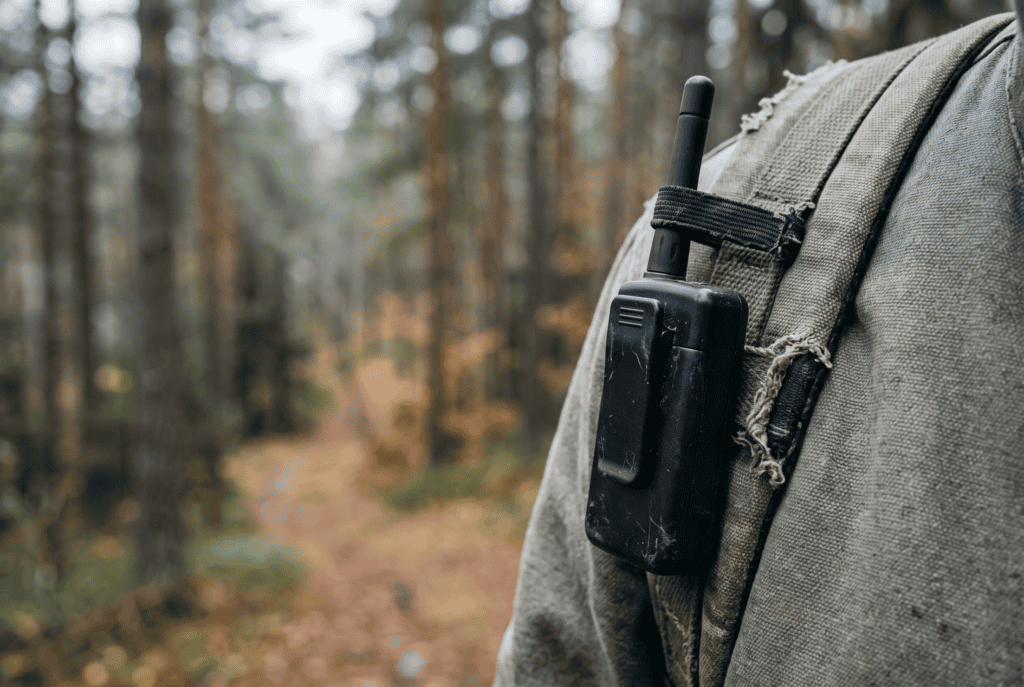 LoRa mesh radio node clipped to a backpack shoulder strap on a forest trail
