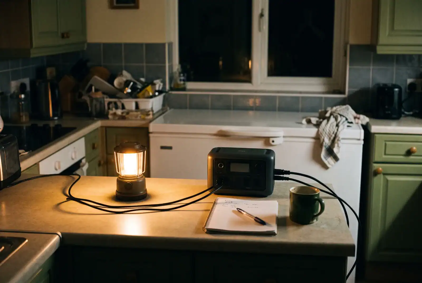 Power station running on a kitchen counter by lantern light during an outage