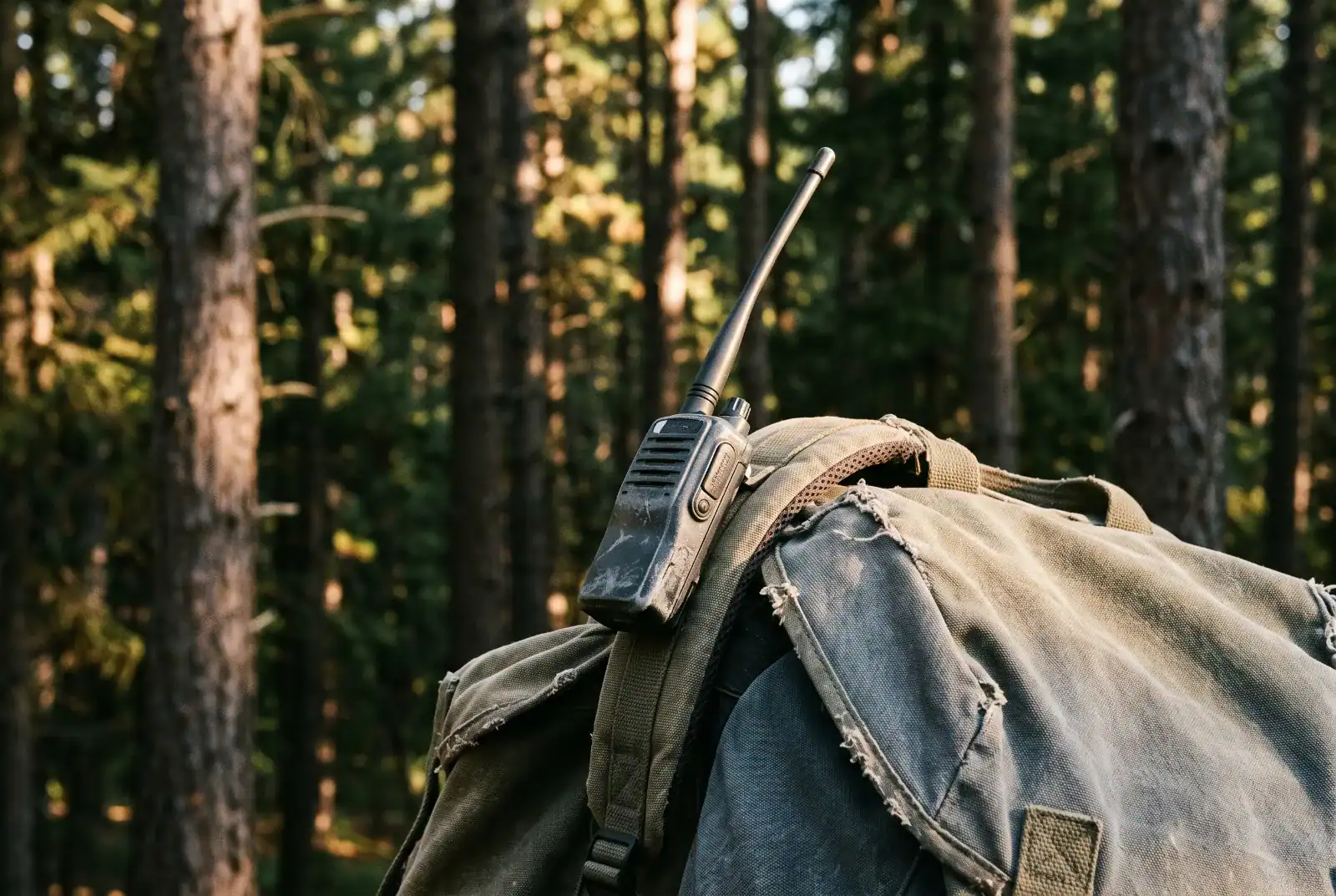Handheld radio clipped to a faded backpack shoulder strap in pine woods