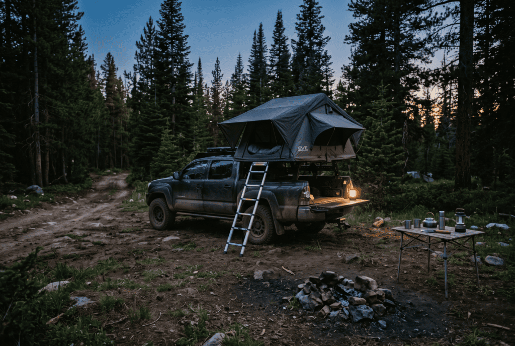 Dispersed campsite beside a forest road with a roof tent open on a pickup at dusk