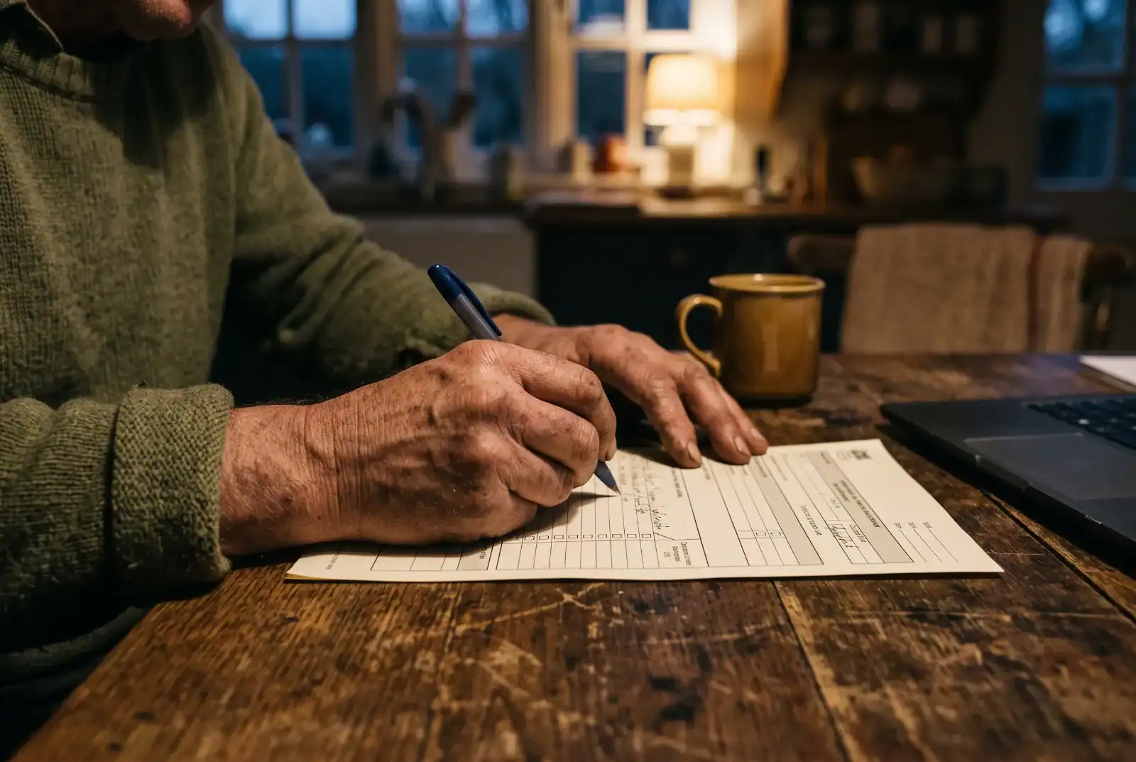 Weathered hands filling out a printed emergency document checklist by lamplight