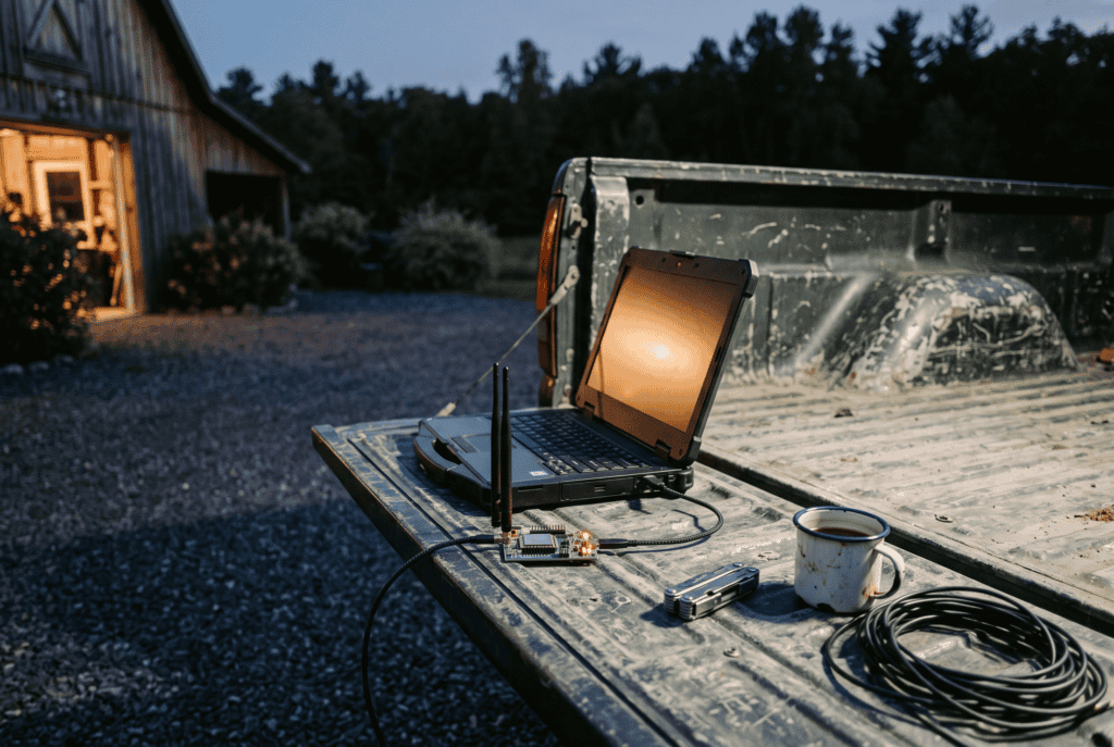 Laptop on a pickup tailgate with a LoRa board connected by USB-C cable, flashing Meshtastic firmware at dusk