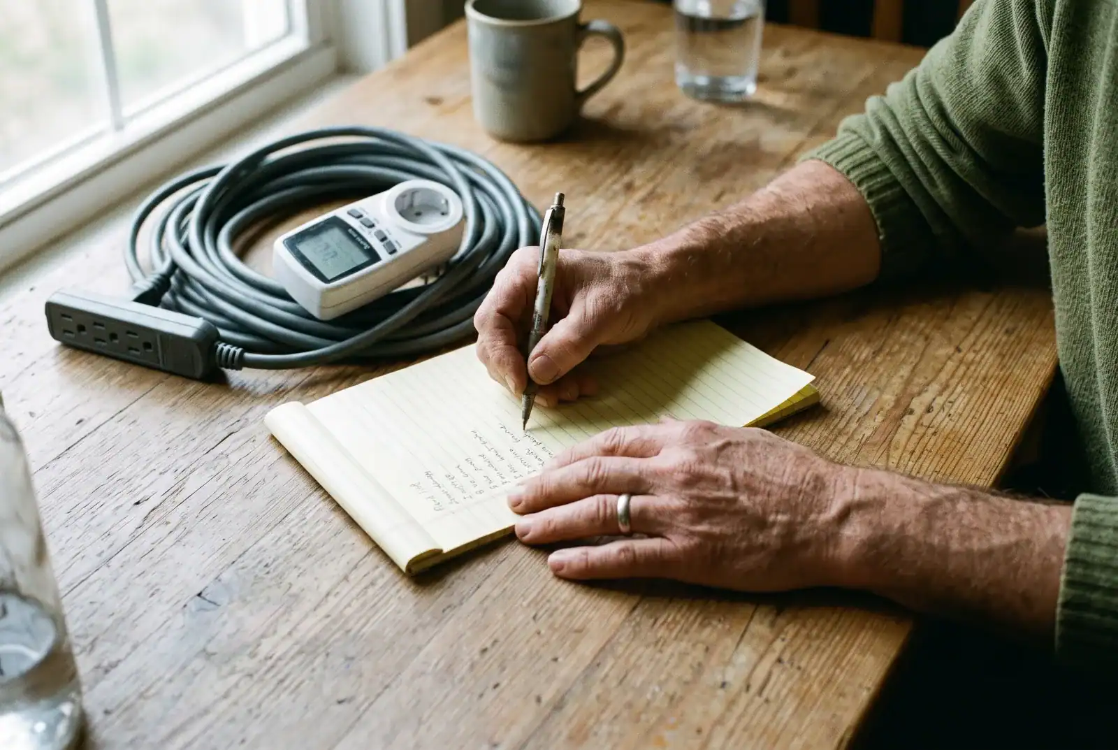 Weathered hands writing a load list beside a plug-in energy meter and extension cord