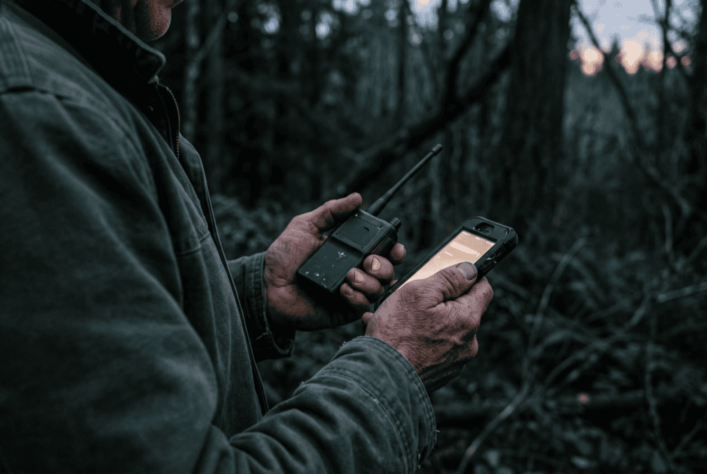 Weathered hands holding a phone and a small LoRa radio at dusk, pairing a mesh node over Bluetooth