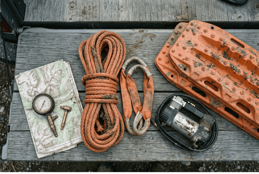 Overland recovery kit laid out on a tailgate — kinetic rope, soft shackles, traction boards, deflator and compressor
