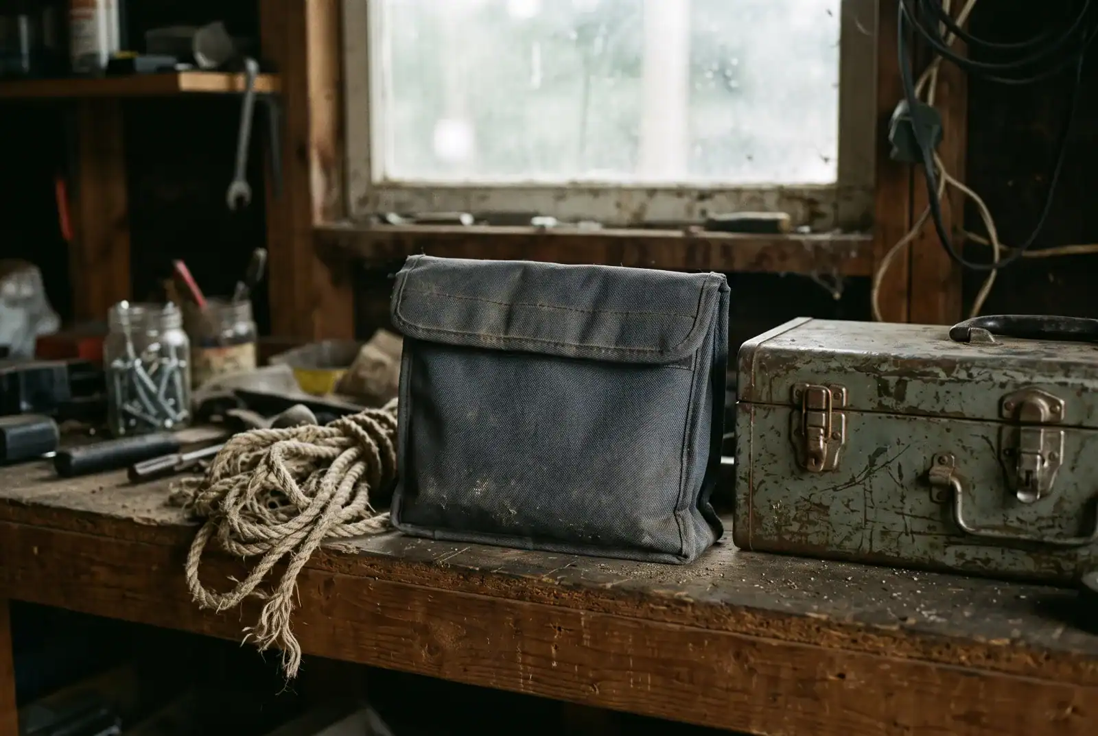 Fire-resistant document bag stored on a dusty garage shelf beside rope and a toolbox
