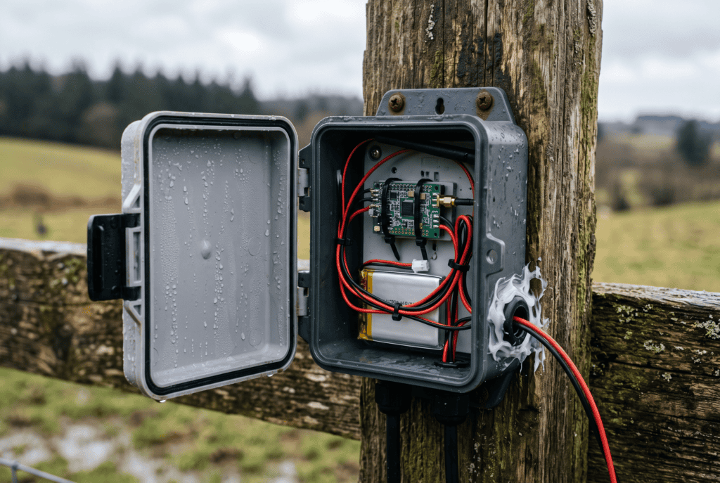 Open weatherproof enclosure on a fence post containing a LoRa node, lithium battery and wiring to a solar panel