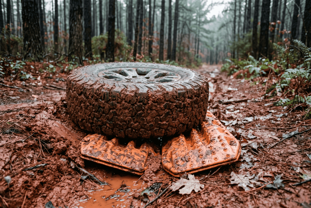 Traction board wedged under a muddy all-terrain tire in a deep clay rut on a forest road