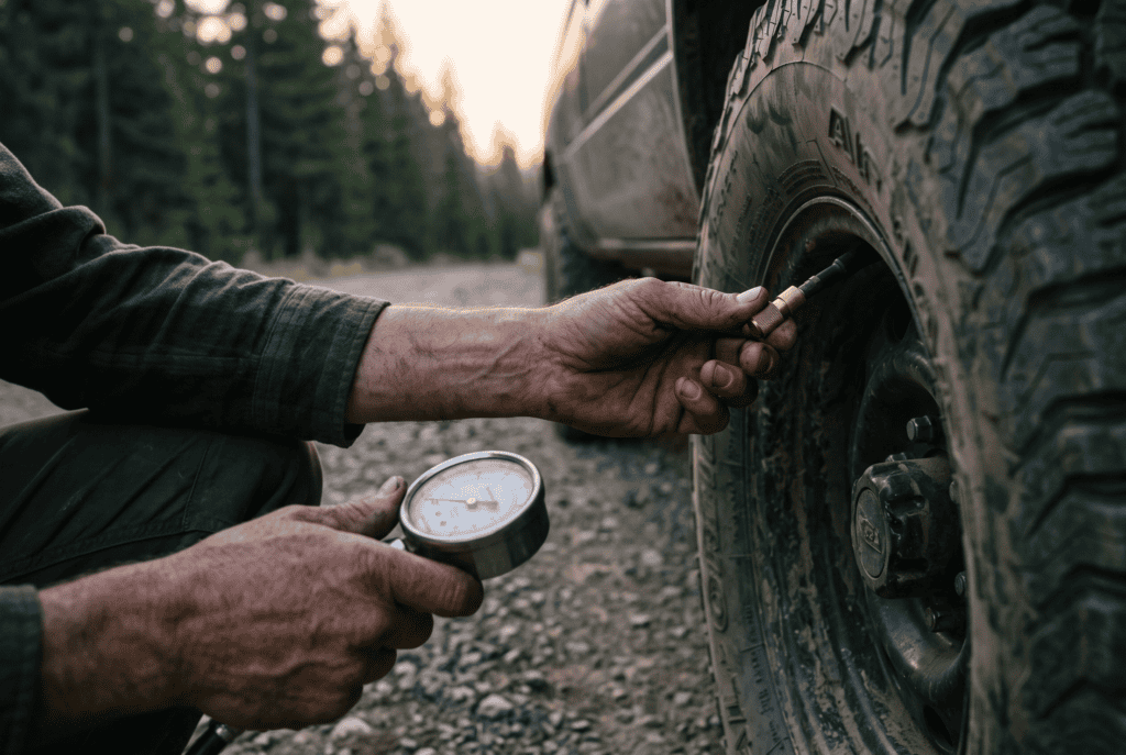 Hands fitting a tire deflator to an all-terrain tire valve stem at a gravel trailhead at dusk