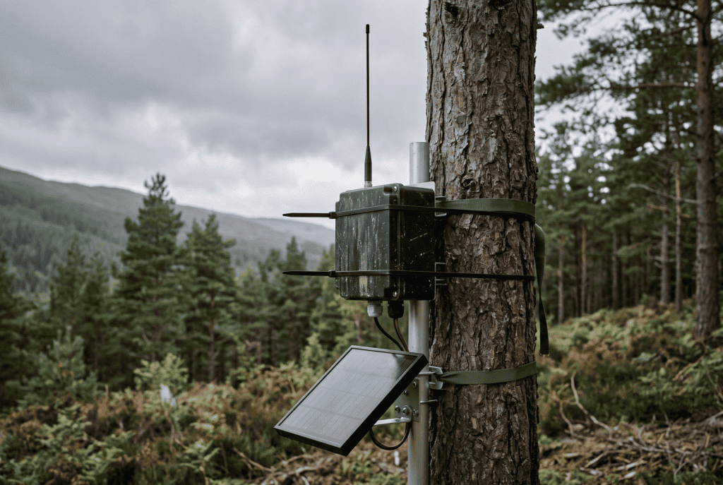 Weatherproof mesh radio node zip-tied to a mast on a pine trunk with a vertical antenna and small solar panel