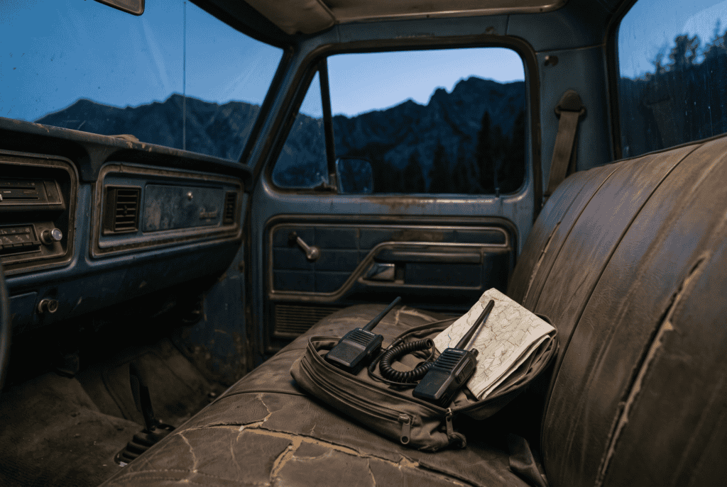  Canvas pouch on a truck seat holding two mesh radio nodes, antennas, a cable and a folded paper map at blue hour