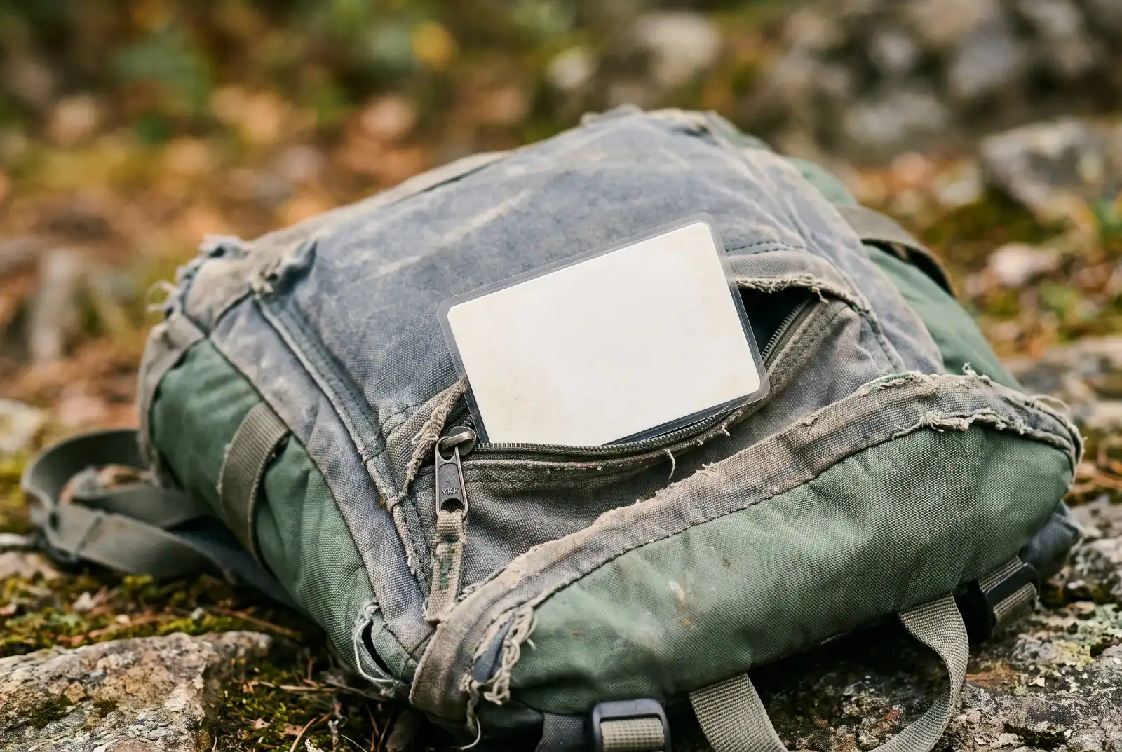 Laminated recovery card tucked into the lid pocket of a faded canvas backpack