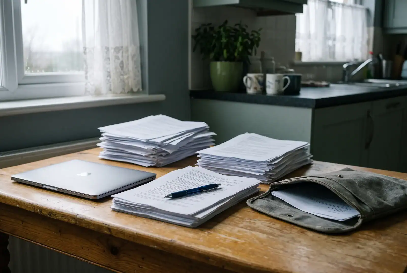 Kitchen table mid-task with documents sorted into stacks and an empty document pouch waiting
