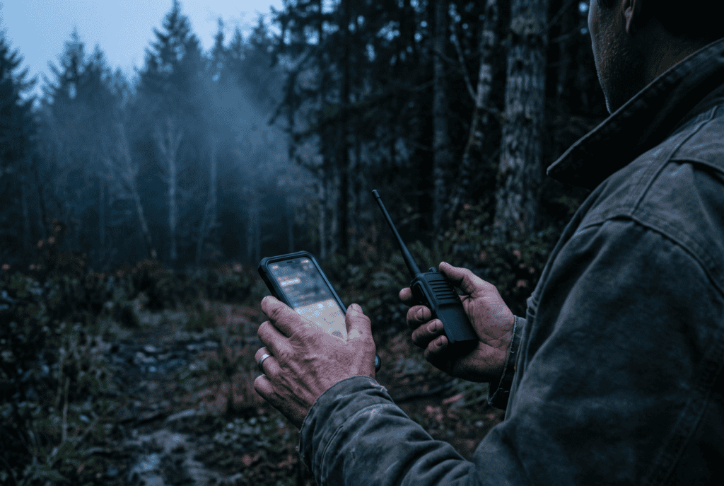 Hands holding a smartphone and a small LoRa mesh node at the edge of a treeline at dusk during a range test