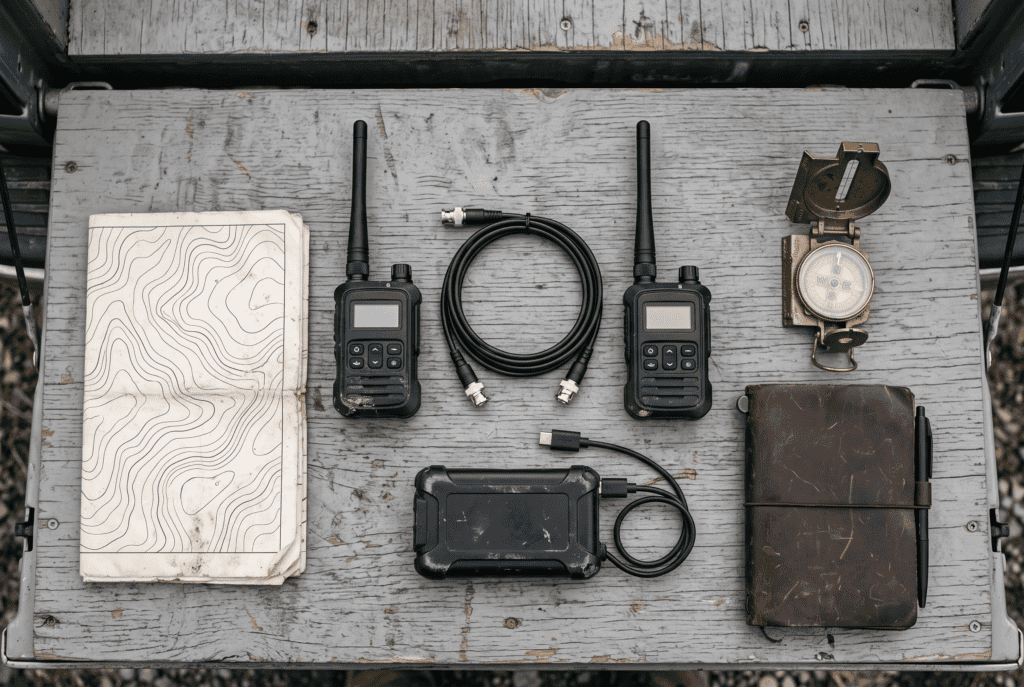Two LoRa mesh radio nodes, battery pack, paper map and compass laid out on a wooden tailgate