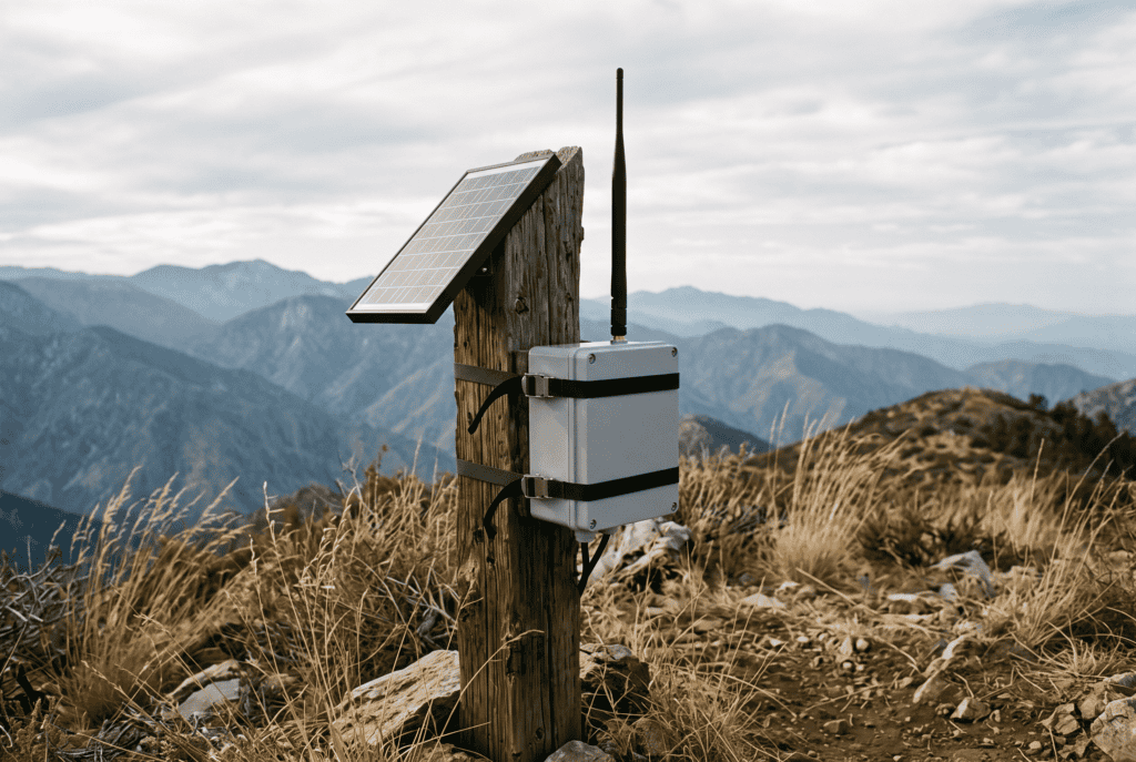 Solar-powered off-grid mesh repeater mounted on a wooden post on an open ridgeline with hazy ridges behind