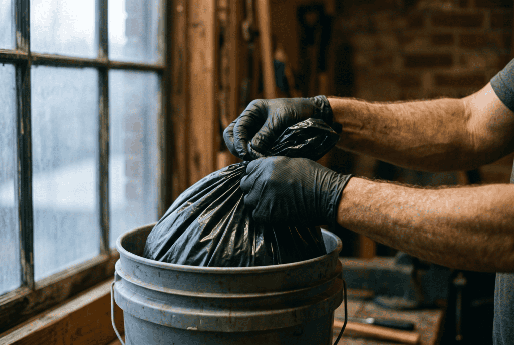Gloved hands tying off a heavy-duty garbage bag liner from an emergency toilet bucket