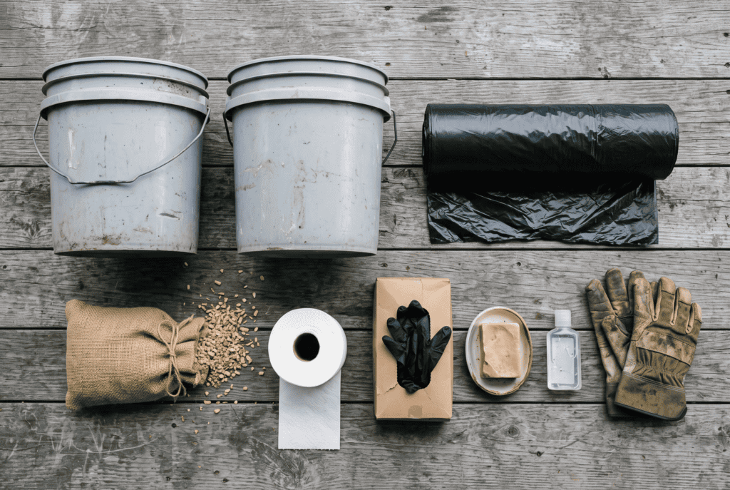 Emergency sanitation kit flat lay — buckets, contractor bags, sawdust, gloves, and hand sanitizer
