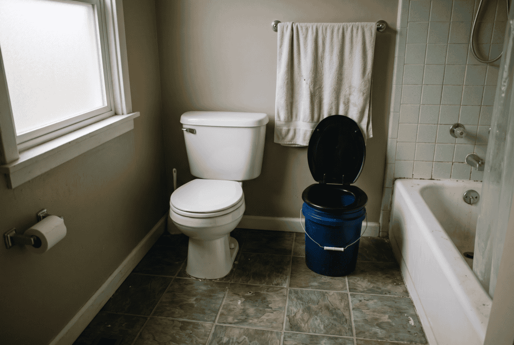 Bucket emergency toilet set up next to a standard bathroom toilet