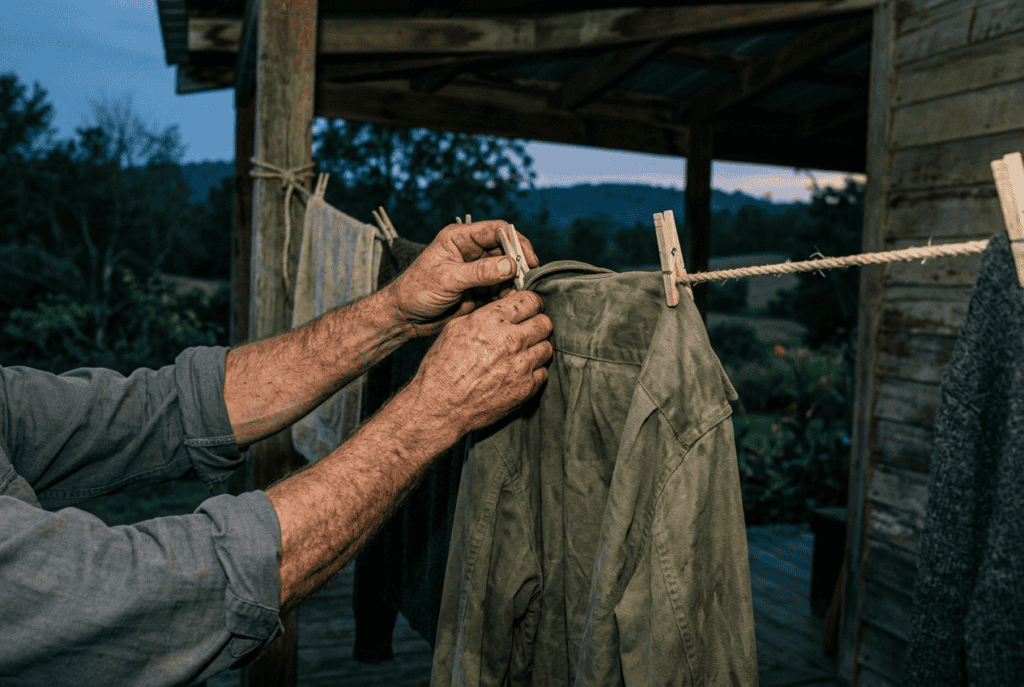"Hands hanging a treated field shirt on a clothesline to dry at dusk
