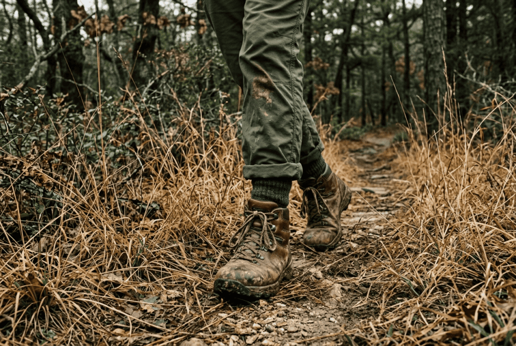 Hiking boots and treated pant legs walking through tall grass and underbrush on a trail