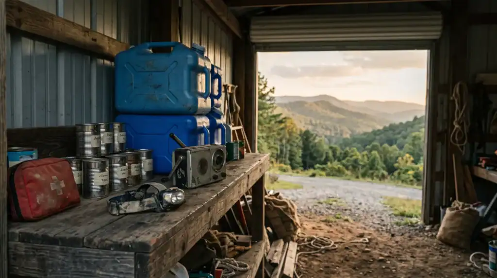 Garage shelf with stored water, food and a radio, showing the levels of preparedness for a rural household