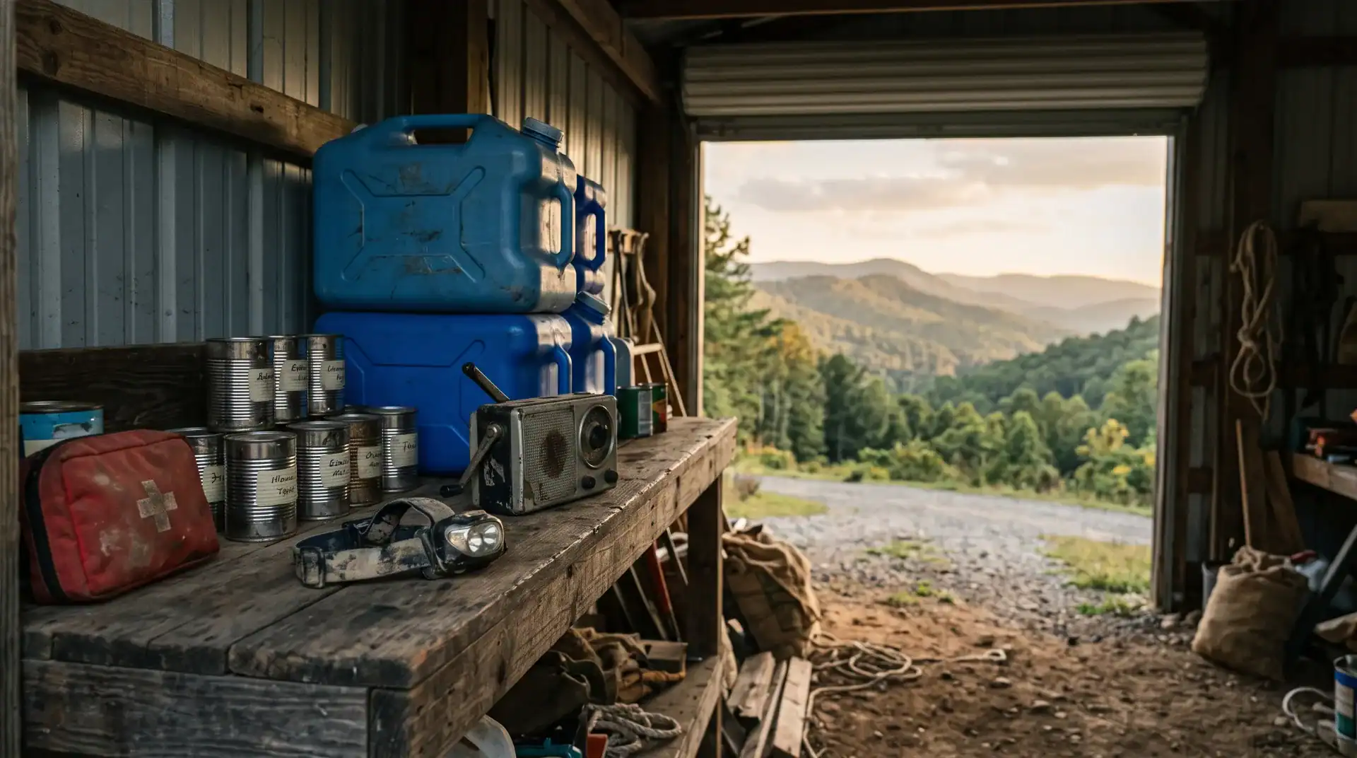 Garage shelf with stored water, food and a radio, showing the levels of preparedness for a rural household